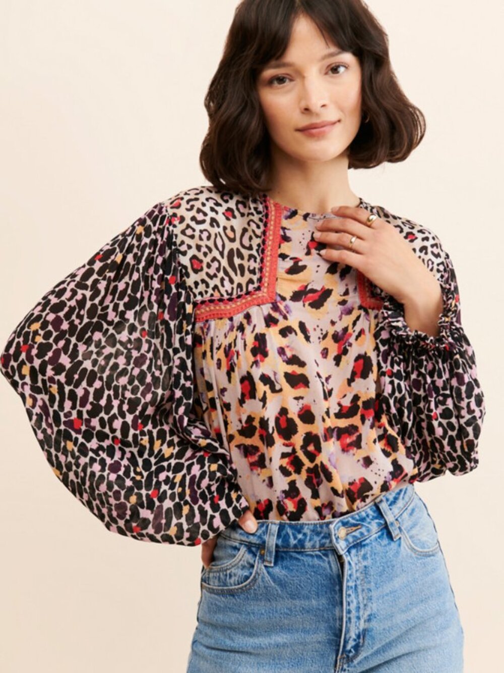 Anthropologie Bl^nk London 100% Viscose Animal Print Puff Sleeve Top Blouse Sz L